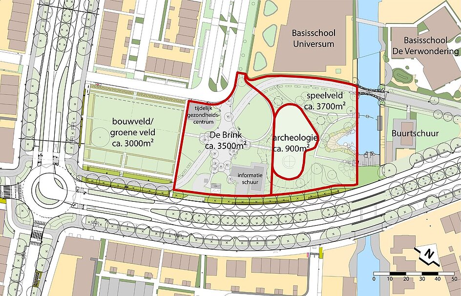 Kaart van De Brink, de archeologieplaats en het speelveld in Nobelhorst.