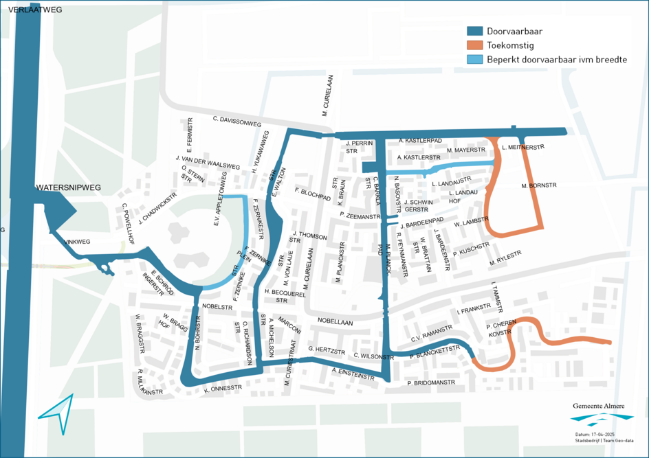 Kaart met de watergangen in Nobelhorst in Almere. De doorvaarbare watergangen zijn met donkerblauw aangegeven. De toekomstige watergangen zijn met oranje aangegeven. De minder brede, doodlopende watergangen zijn aangegeven met lichtblauw.