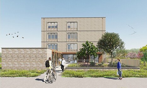 •	Te zien is een natuurgetrouw computerontwerp van de voorkant van het gebouw, waar de ingang is. Voor het gebouw ligt links de fietsenstalling. Rechts een groene tuin.  