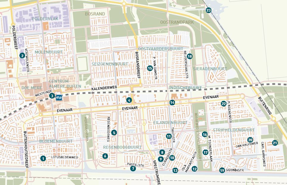 Kaart architectuurroute Almere Buiten