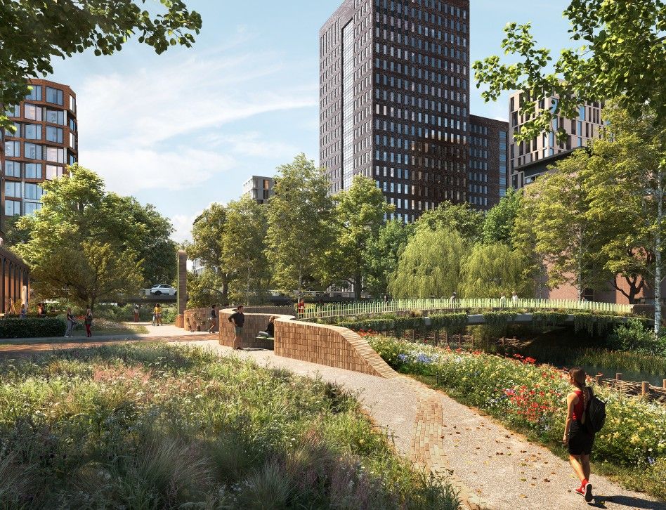 Voorbeeld van hoe het park er uit kan gaan zien: hoogbouw in een groene en waterrijke omgeving.