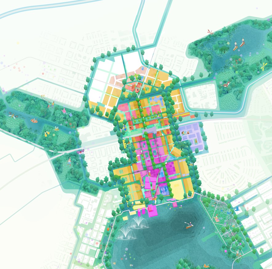 Een schets van een kaart waarop het groen in Almere Centrum is aangegeven.