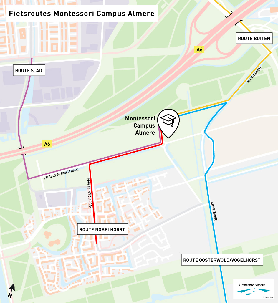 Kaart met routes rondom de Montessori Campus Almere. Route Stad is aangegeven met paars en loopt langs de Enrico Fermistraat voor voetgangers en fietsers. Route Nobelhorst is aangegeven met rood en loopt langs de Marie Curielaan en de Enrico Fermistraat voor voetgangers en fietsers. Route Buiten is aangegeven met oranje en loopt over de Kievitsweg en de nieuw aangelegde doorsteek naar de MCA. Route Oosterwold/Vogelhorst is aangegeven met blauw en loopt via de Kievitsweg en de nieuw aangelegde doorsteek naar de MCA.