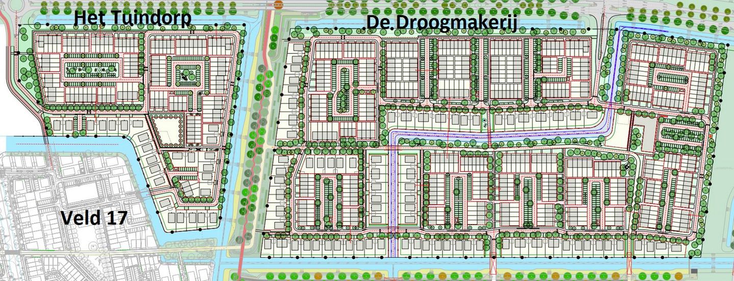 Verkavelingsplan van Veld 18 in Nobelhorst. Het veld is verdeeld in 2 delen: Het Tuindorp ten westen van de Kievitstocht en De Droogmakerij aan de oostzijde.