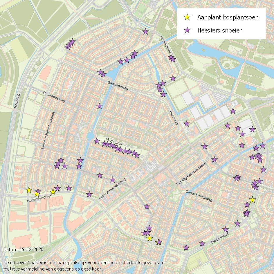 Kaart werkzaamheden bosplantsoenen Muziekwijk februari 2025